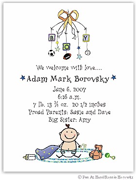 Pen At Hand Stick Figures Birth Announcements - Mobile - Boy